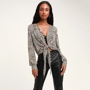 Vivaldi Taupe Leopard Print Sheer Tie-Front Top